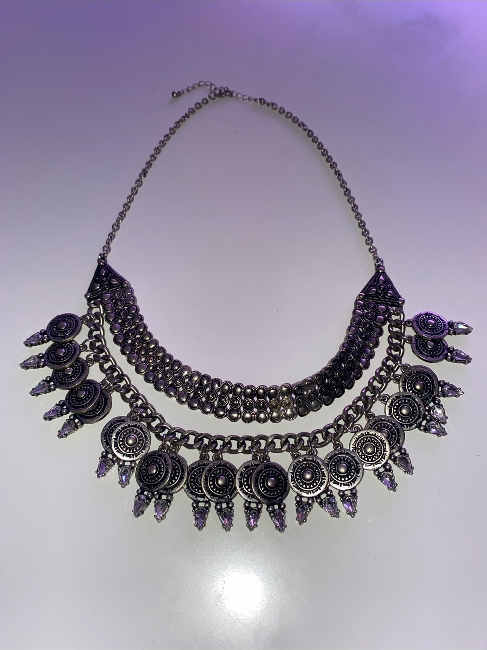 Bohemian Statement Silver-Tone Statement Bib Necklace with Crystals